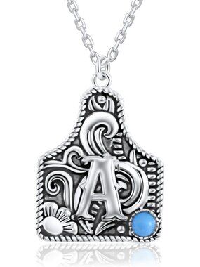 Western Cattle Tag Initial Necklace - 925 Sterling Silver & Kingman Turquoise